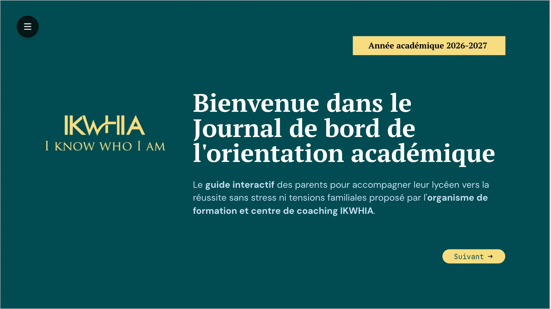 Écran d'accueil du Journal de bord de l'orientation académique